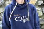 But first Coffee Navy Hoodie with Brown Text